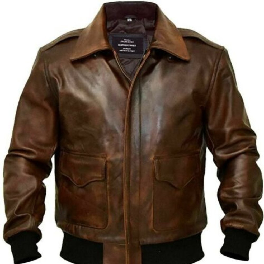 Mens Air Force A2 Brown Real Leather Bomber Jacket - STYLISH MEN'S JACKET 2XL